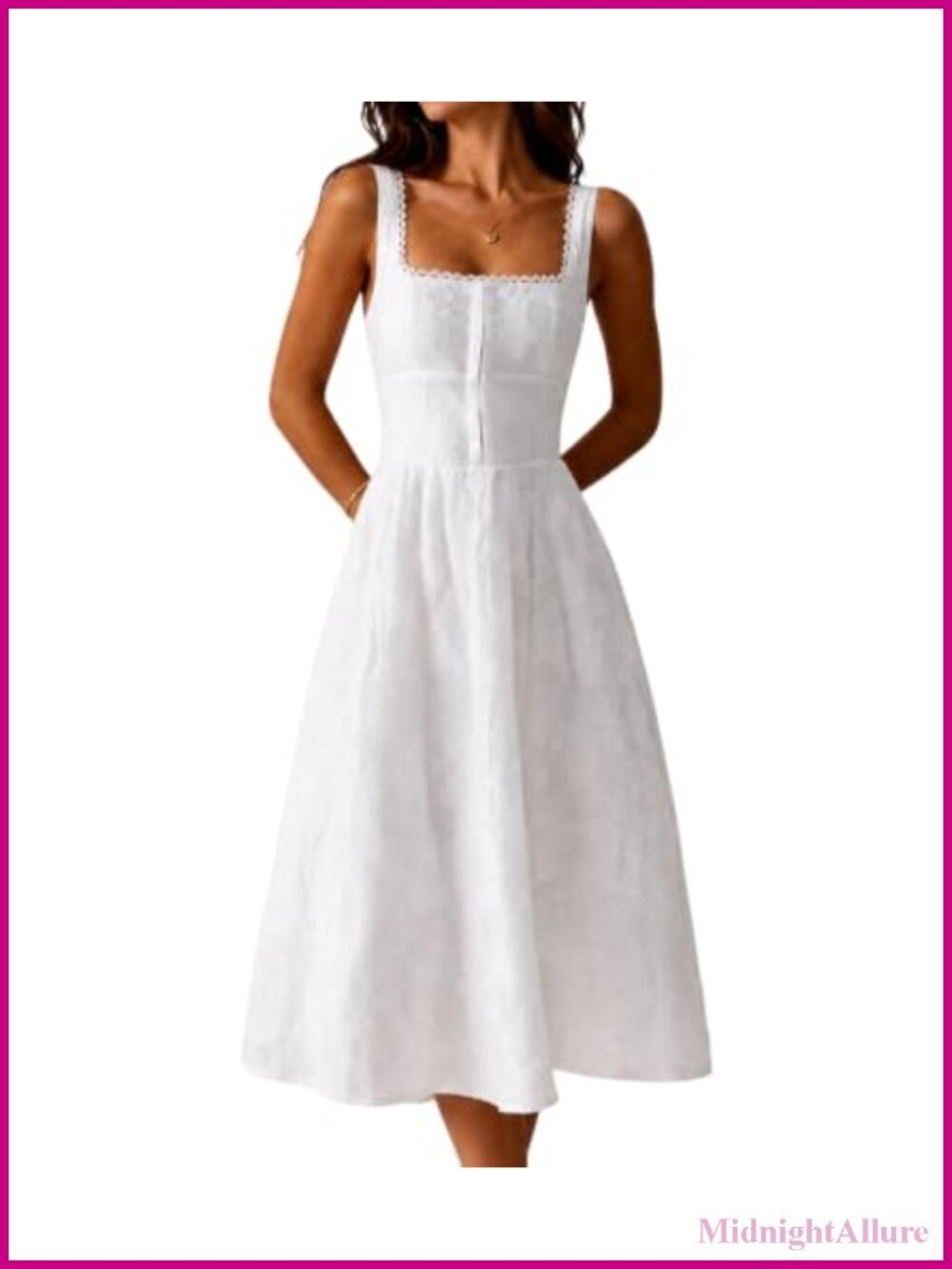 Women's Semi-Formal Midi Sundress Square Neck Lace Trim A-Line Summer Party